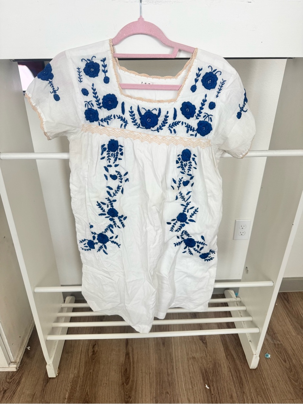 THML White Dress with Blue Floral Embroidery